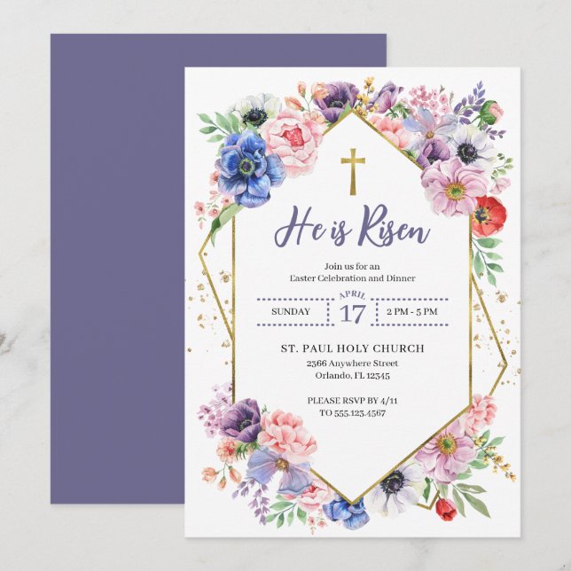 Convites Cruz de Páscoa Ele Ressuscitou Flores de Primavera (Frente/Verso)