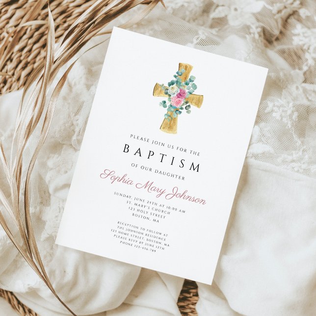 Convites Cruz de Peônias Florais Rosa Batismo (Pink Floral Peonies Cross Baptism Invitation)