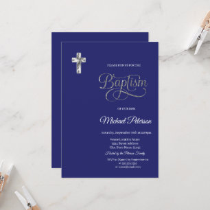 Convites Cruz de Prata Elegante Batismo Azul-Marinho