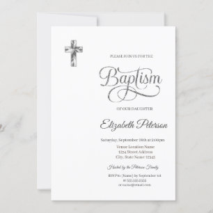 Convites Cruz de Prata Elegante Minimalista Batismo