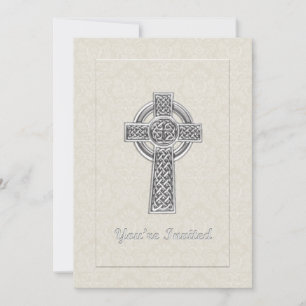 Convites Cruz de Prata em Ivory Damask Você é Convidado