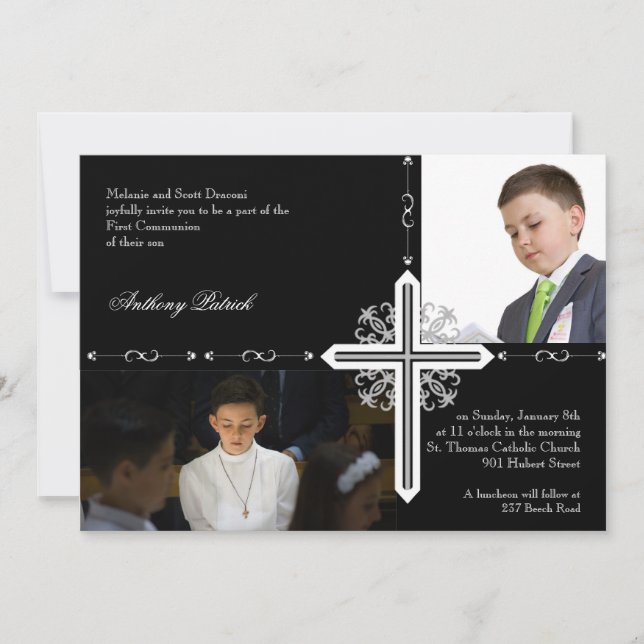 Convites Cruz de Prata na comunhão de Fotos Negra (Frente)