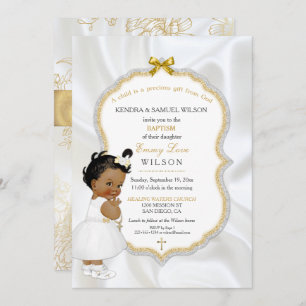 Convites Cruz do ouro do baptismo do bebé do afro-americano