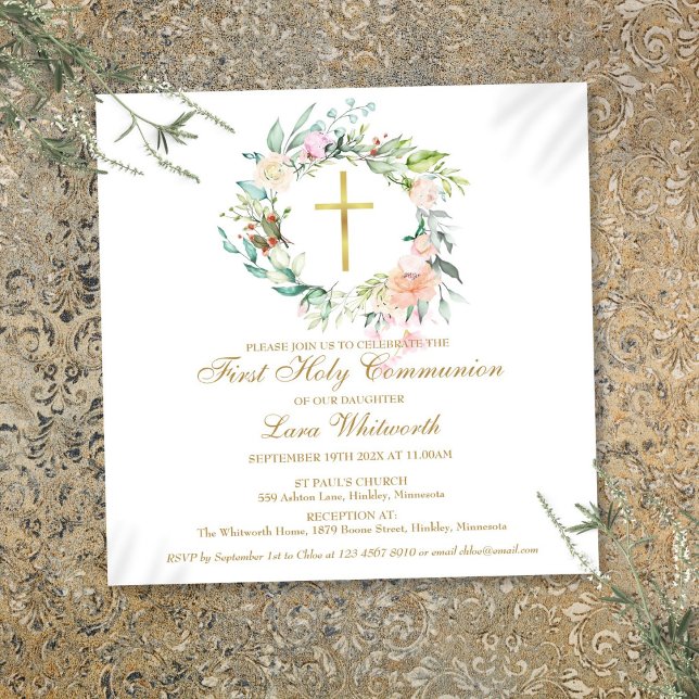 Convites Cruz Dourada Aquarela Floral Primeira Comunhão (Gold Cross Watercolor Floral First Holy Communion Invitation)