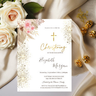 Convites Cruz Dourada Chic Batismo Brilho Dourado Flores Bo