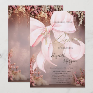 Convites Cruz Dourada com Laço Rosa Floral Batismo