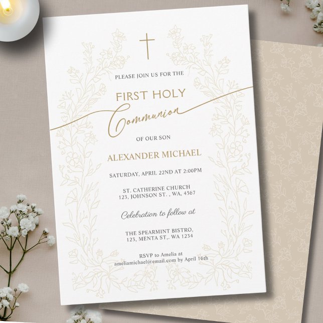 Convites Cruz Dourada Floral Primeira Comunhão Religiosa (Criador carregado)