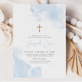 Convites Cruz Dourada Menino em Aquarela Azul Batismo e Bat