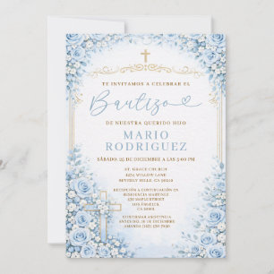 Convites Cruz Dourada Religião Batismo Espanhol Floral Azul