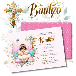 Convites Cruz Dourada rosa-rosa BAUTIZO