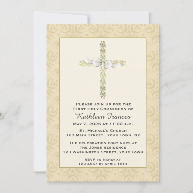 Convites Cruz Dourado ornamentado com o arco, religioso (Frente)