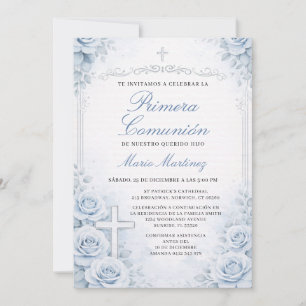 Convites Cruz Espanhol Floral Azul Primera Comunión