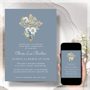 Convites Cruz Floral Azul Primeira Comunidade Santa