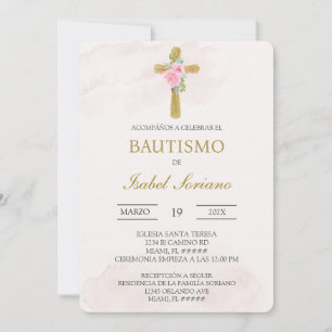Convites Cruz floral bege batismo espanhol