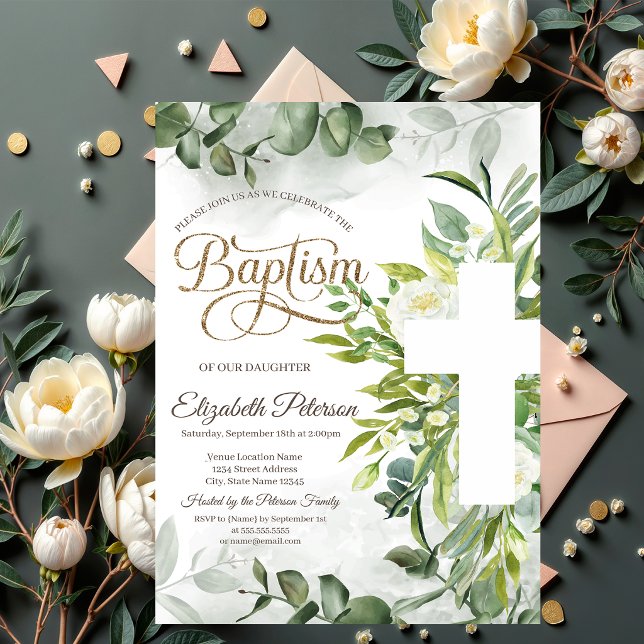 Convites Cruz Floral de Verde de Eucalipto Batismo (Criador carregado)