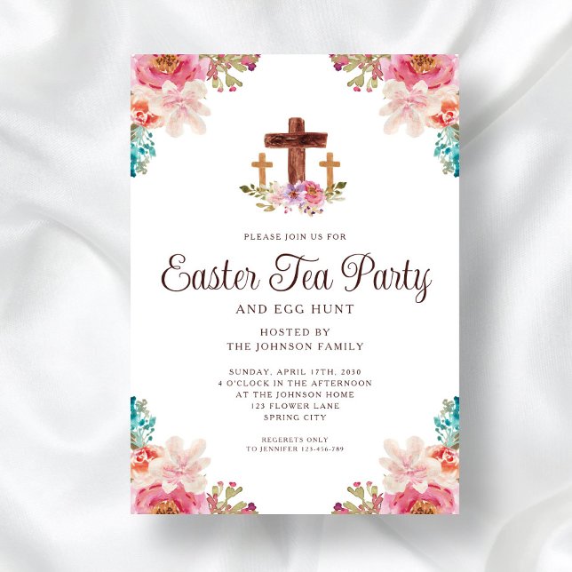 Convites Cruz Floral Elegante Festa do Chá Páscoa (Elegant Floral Cross Tea Party Easter Invitation)