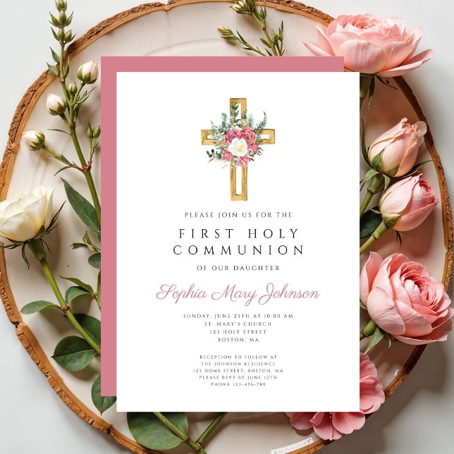 Convites Cruz Floral Elegante Primeira Comunhão (Elegant Floral Cross First Holy Communion Invitation)
