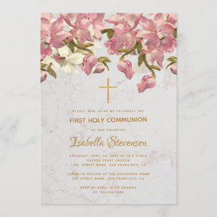 Convites Cruz Floral Orquídeas Rosa Mármore Primeira Comunh