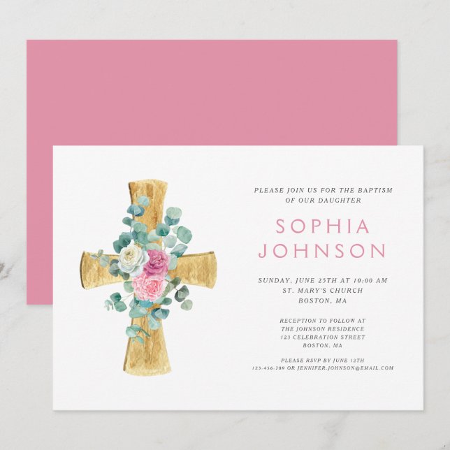 Convites Cruz Floral Religiosa Elegante Batismo de Menina (Frente/Verso)