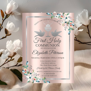 Convites Cruz Floral Rosa Dourado Primeira Comunhão
