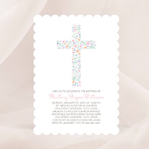 Convites Cruz Floral Rosa Elegante Batismo de Menina