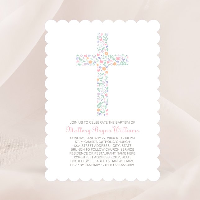 Convites Cruz Floral Rosa Elegante Batismo de Menina (Criador carregado)