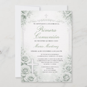 Convites Cruz Floral Verde Suave Primera Comunhão Espanhola