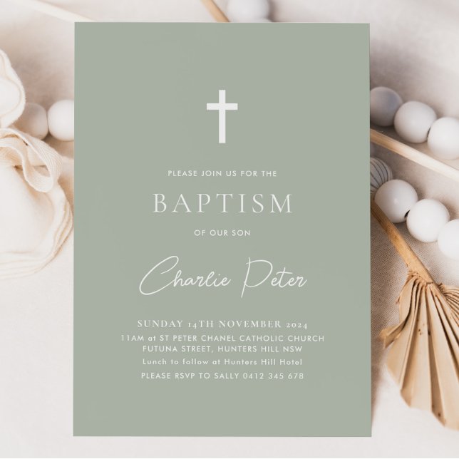Convites Cruz Moderno Verde Sálvia Menino Batismo e Batizad (Sage Baptism Invitation)