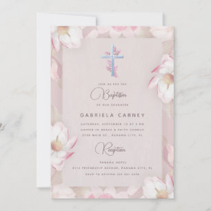 Convites Cruz Prata Batismo Menina Rosa Floral Aquarela