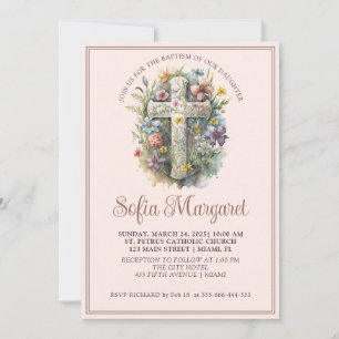 Convites Cruz Religiosa Aquarela Floral Menina Batismo  