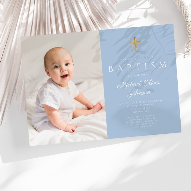 Convites Cruz Religiosa Azul Bebê Menino Foto Batismo (Baby Blue Religious Cross Boy Photo Baptism Invitation)