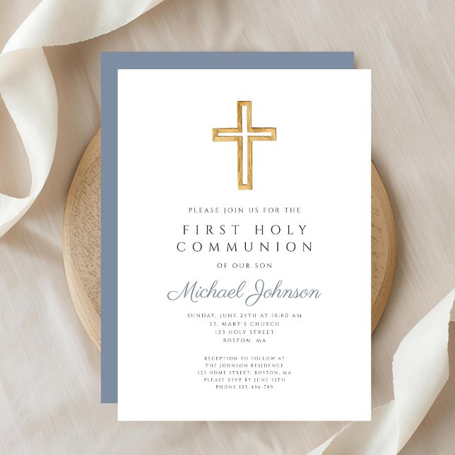 Convites Cruz Religiosa Azul Empoeirada Menino Primeira Com (Dusty Blue Religious Cross Boy First Communion Invitation)