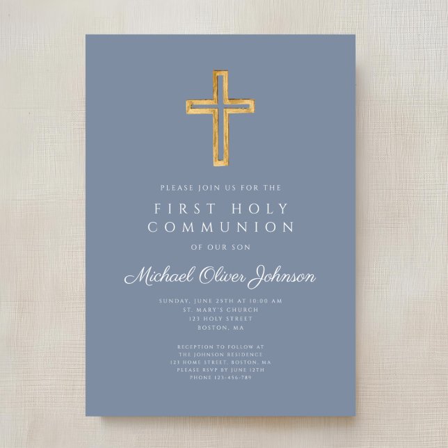 Convites Cruz Religiosa Azul Empoeirada Menino Primeira Com (Dusty Blue Religious Cross Boy First Communion Invitation)