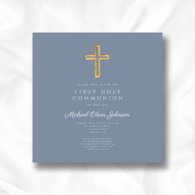 Convites Cruz Religiosa Azul Empoeirada Menino Primeira Com (Dusty Blue Religious Cross Boy First Communion Invitation)