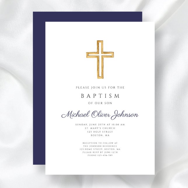 Convites Cruz Religiosa Azul Marinho Batismo Menino (Navy Blue Religious Cross Boy Baptism Invitation)