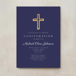 Convites Cruz Religiosa Azul Marinho Elegante Confirmação M