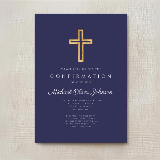 Convites Cruz Religiosa Azul Marinho Elegante Confirmação M (Elegant Navy Blue Religious Cross Boy Confirmation Invitation)