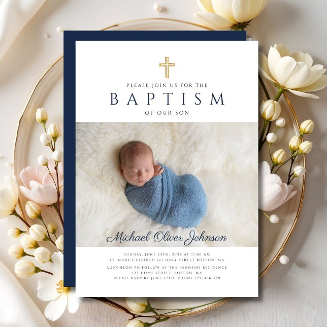 Convites Cruz Religiosa Azul Marinho Foto de Batismo Menino (Navy Blue Religious Cross Photo Boy Baptism Invitation)