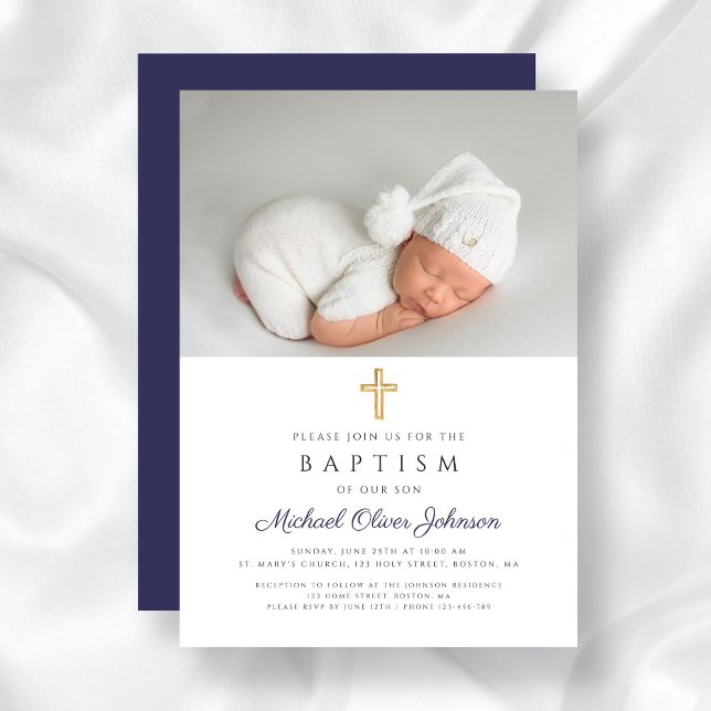 Convites Cruz Religiosa Azul Marinho Moderna Foto de Batism (Navy Blue Religious Cross Boy Photo Baptism Invitation)