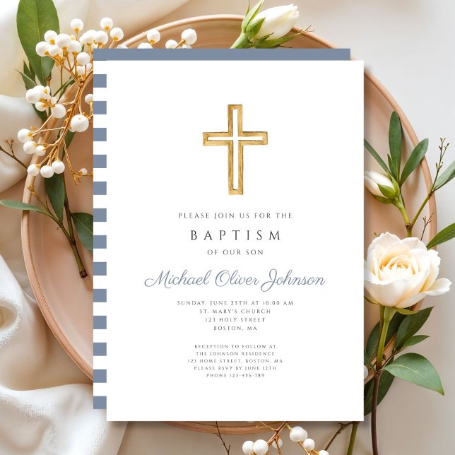 Convites Cruz Religiosa Azul Stripes Menino Batismo (Religious Cross Dusty Blue Stripes Boy Baptism Invitation)
