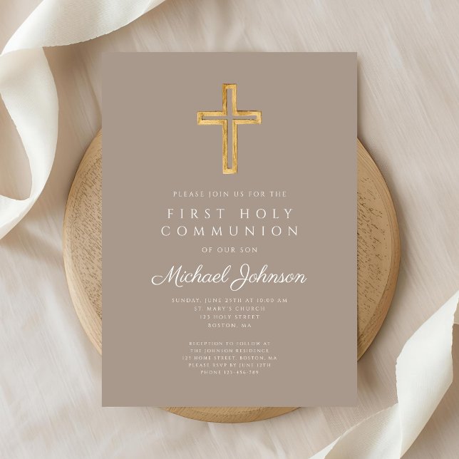 Convites Cruz Religiosa Bege Menino Primeira Comunhão (Taupe Religious Cross Boy First Holy Communion Invitation)