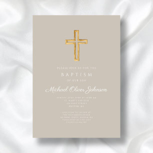 Convites Cruz Religiosa Bege Script Batismo Menino