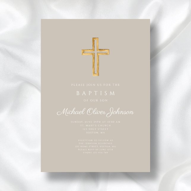 Convites Cruz Religiosa Bege Script Batismo Menino (Religious Cross Taupe Script Boy Baptism Invitation)