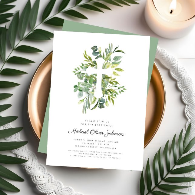 Convites Cruz Religiosa Botânica Moderna Batismo (Modern Botanical Religious Cross Baptism Invitation)