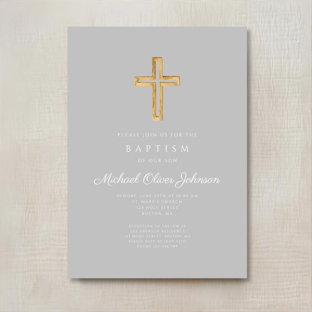 Convites Cruz Religiosa Cinza Menino Batismo Script (Religious Cross Gray Script Boy Baptism Invitation)