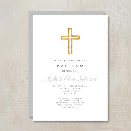 Convites Cruz Religiosa Elegante Cinza Script Menino Batism