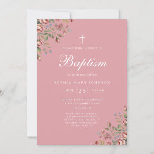 Convites Cruz Religiosa Elegante Floral Menina Batismo