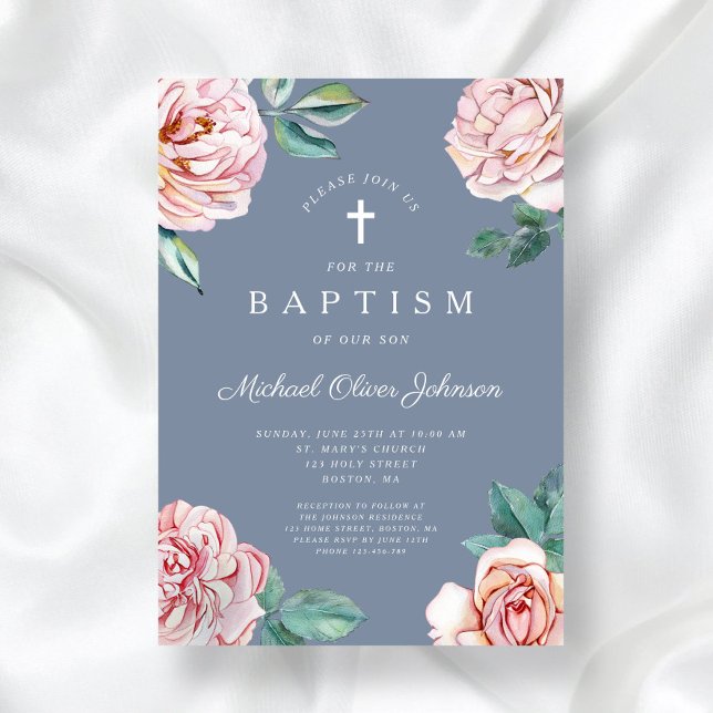 Convites Cruz Religiosa Floral Azul Empoeirado Batismo Meni (Dusty Blue Floral Religious Cross Boy Baptism Invitation)