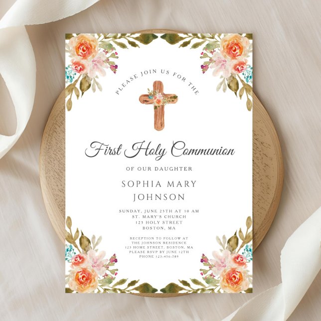 Convites Cruz Religiosa Floral Elegante Primeira Comunhão (Elegant Floral Religious Cross First Communion Invitation)