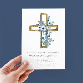 Convites Cruz Religiosa Floral Eucalipto Batismo Menino